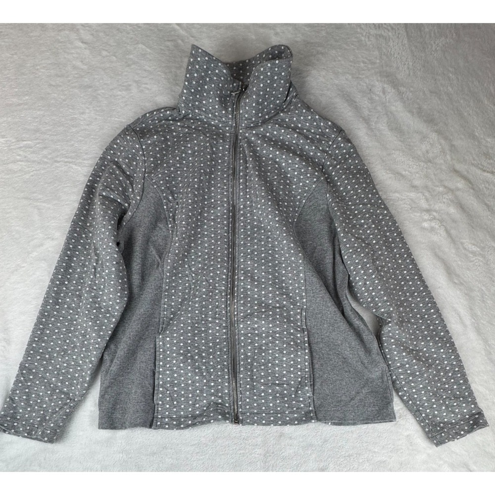 Energy By Chicos Basic Jacket Women's 2 Gray White Polka Dot Ribbed Zip Front